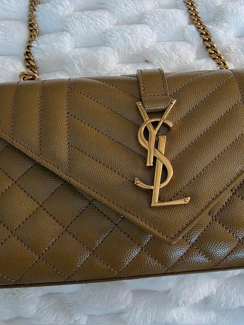 Saint Laurent Quilted Chain Wallet in Olive Brown